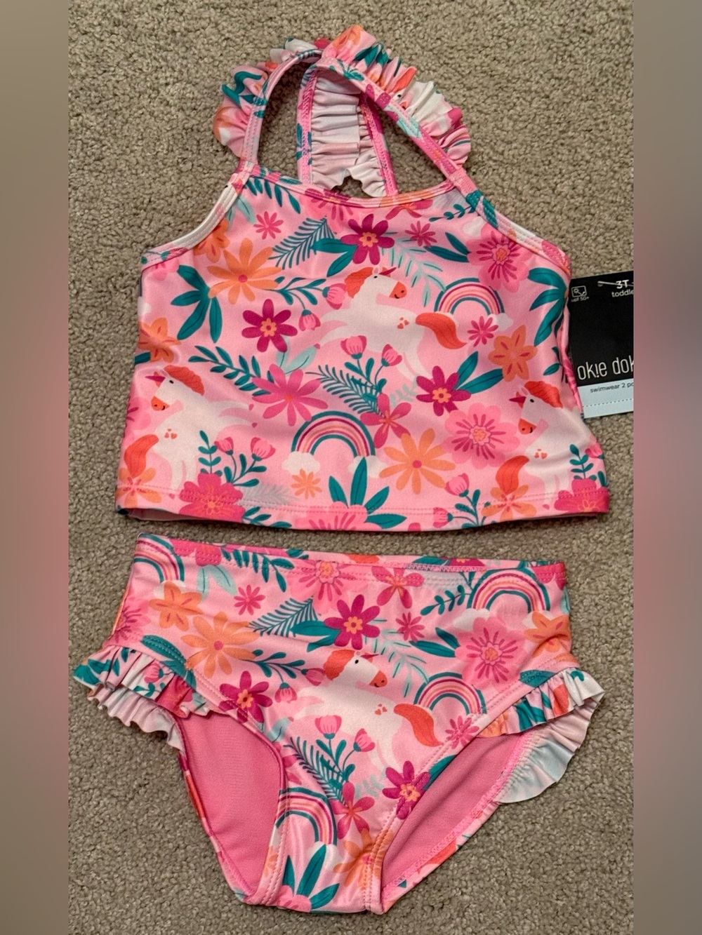 okie dokie Toddler Girl 3T Pink Floral Rainbow 2 Pc Swimsuit - NWT